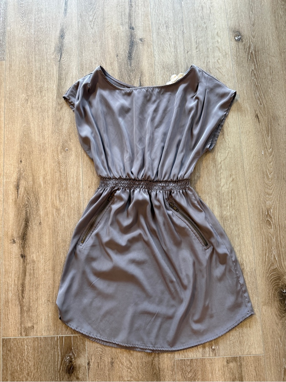 one clothing Taupe Elastic-Waist Midi Dress with Zip Pockets